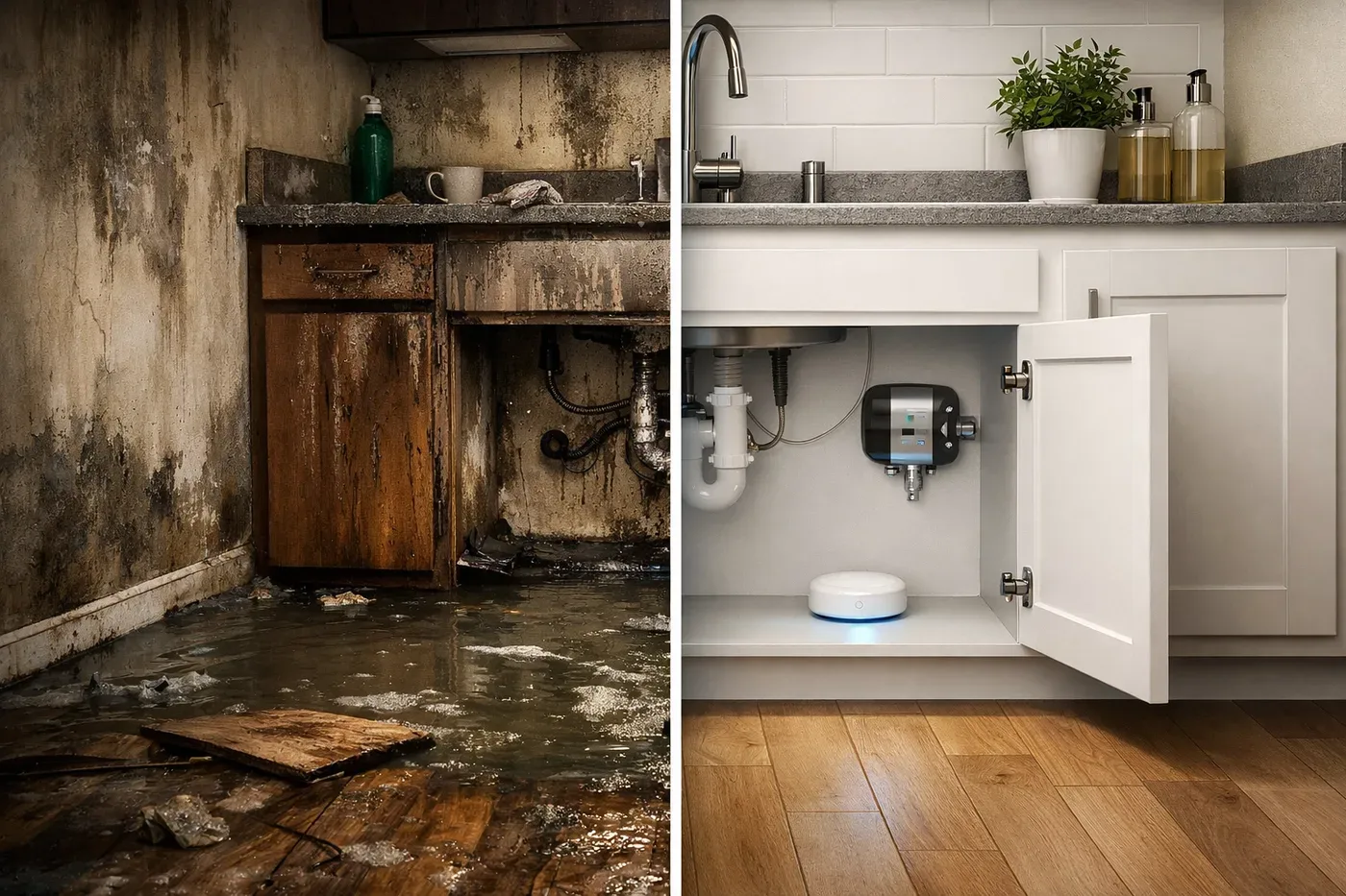 Before and after comparison showing water damage prevention with automatic water shut off valve