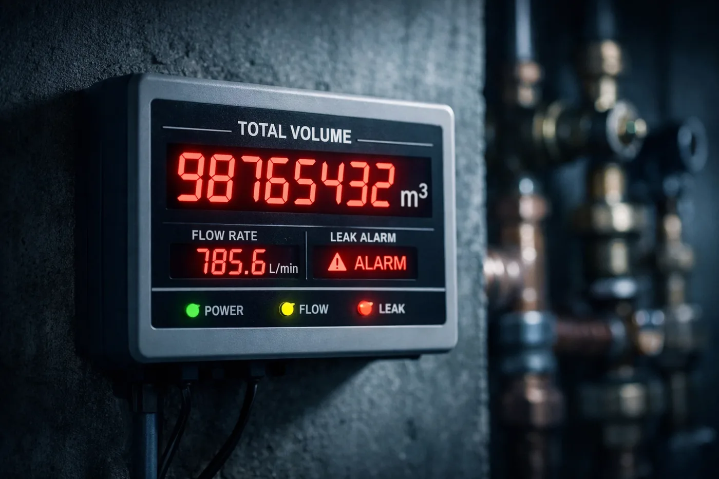 Digital water meter in building mechanical room monitoring for leak detection