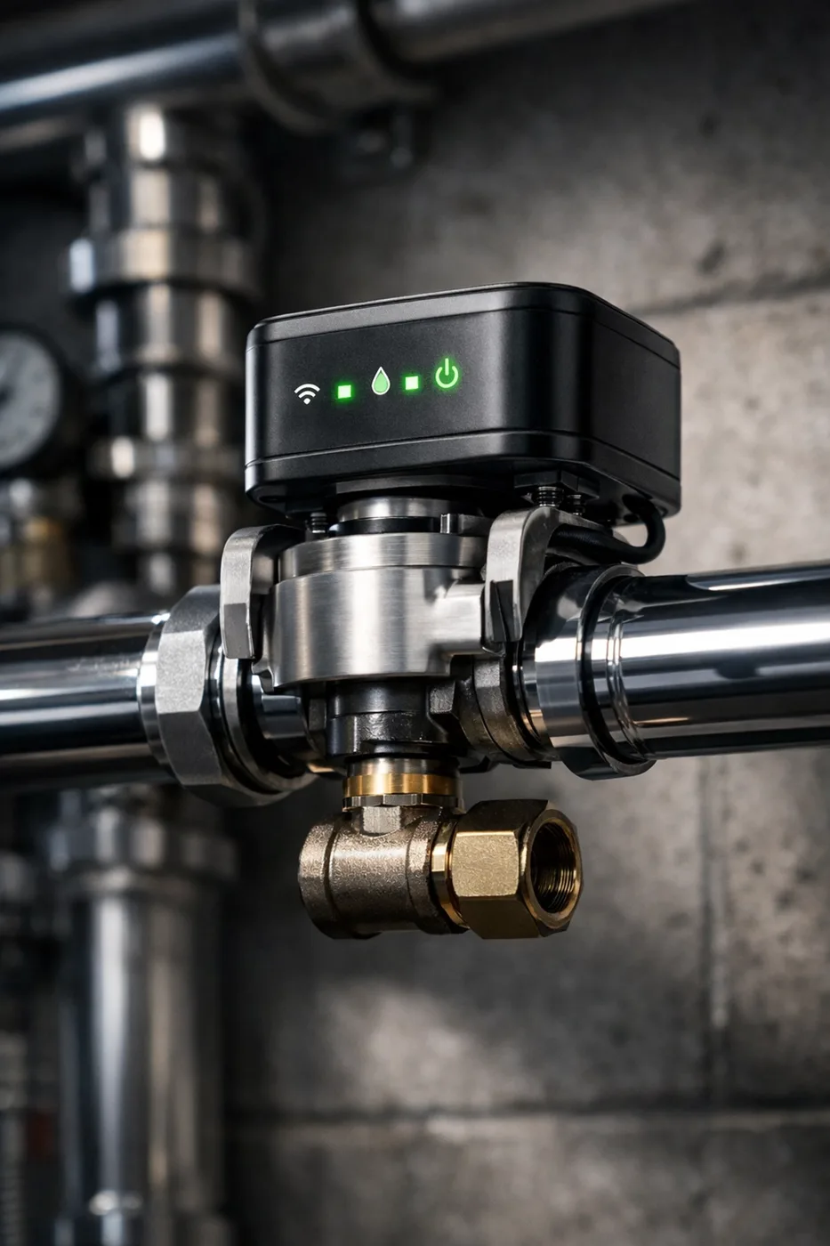 Automatic water shut off valve with electronic controls installed on building water pipe