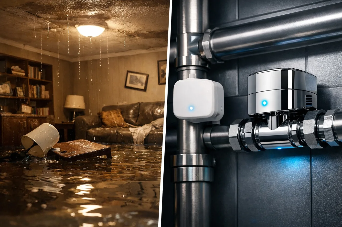Water damage prevention: flooded apartment vs automatic water shut-off valve with leak detection