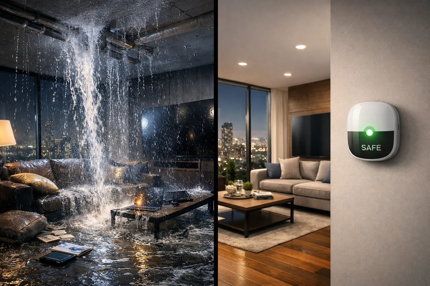 Water damage comparison showing flooded apartment versus protected unit with smart water leak detector