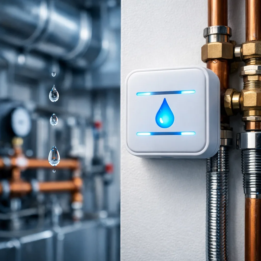 Commercial leak detection sensor mounted near copper water pipes in building mechanical room
