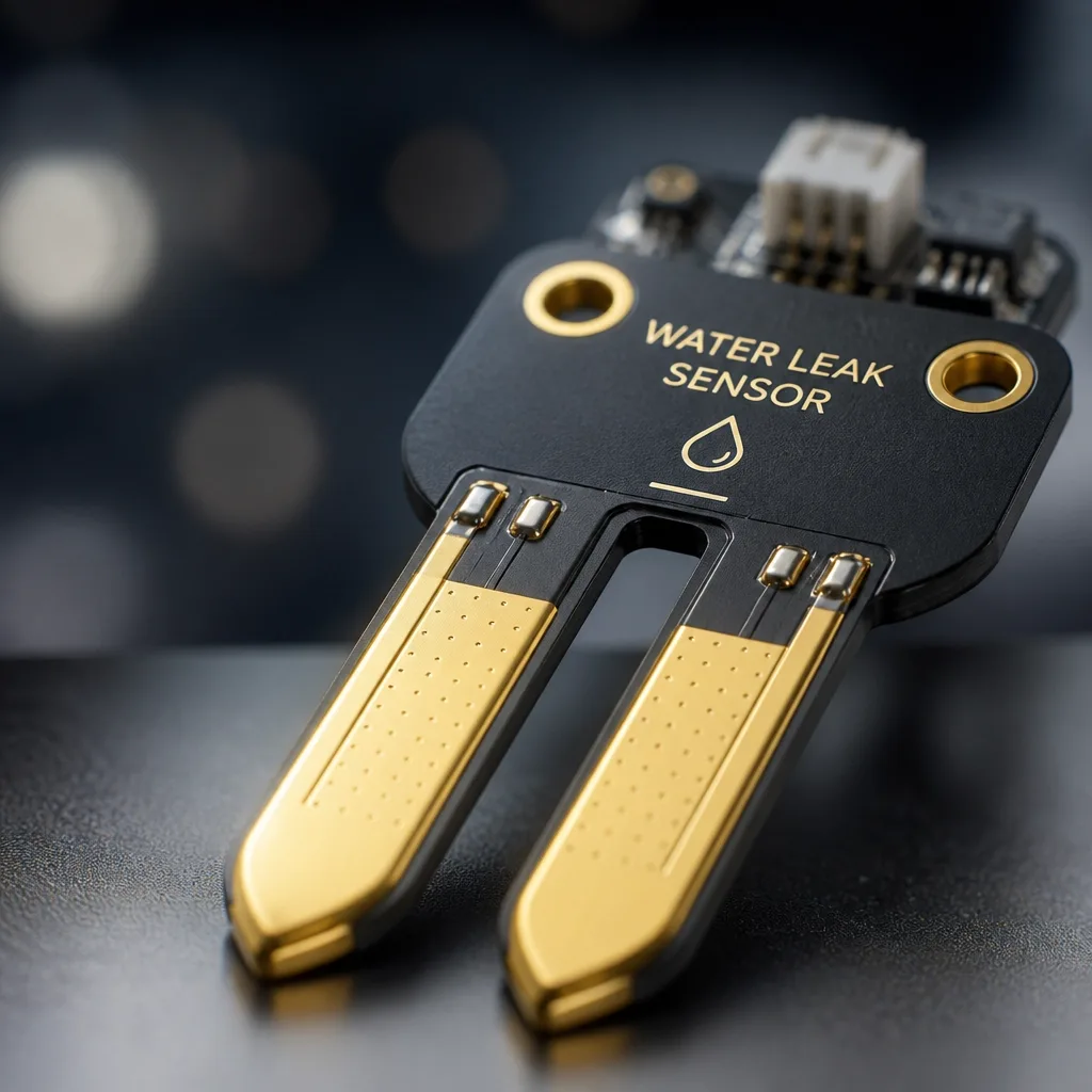Close-up of a high-tech gold-plated water leak sensor probe