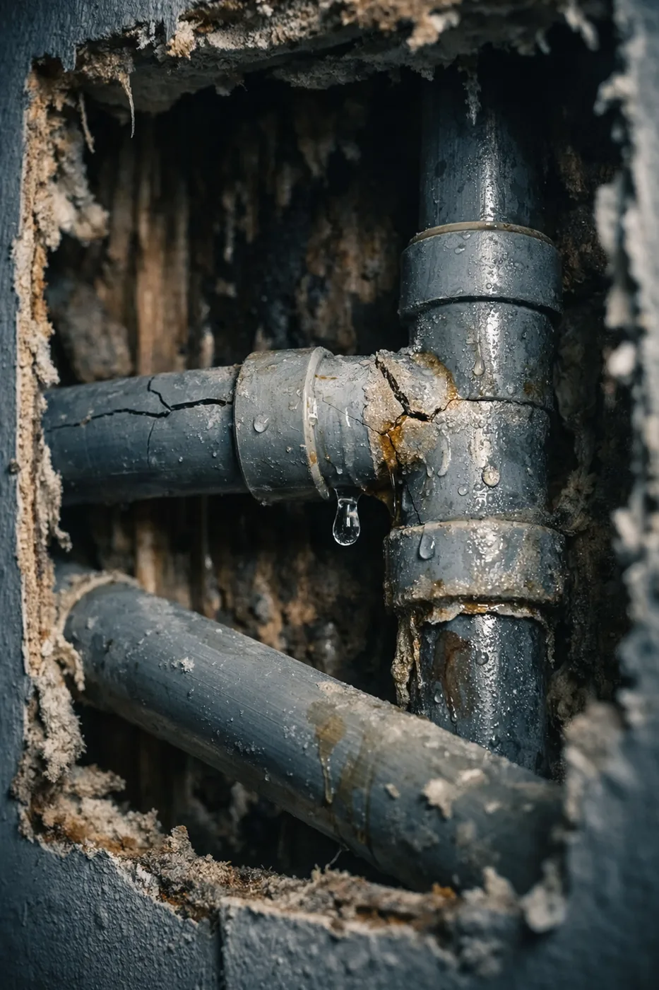 Cracked Poly B pipes with water damage behind drywall in Vancouver condo building