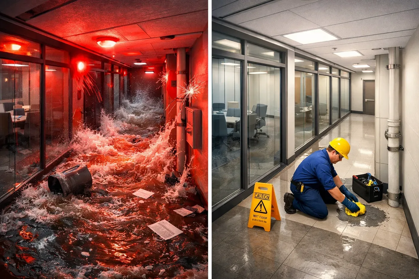 Comparison of uncontrolled water flooding versus early leak detection response in a commercial building