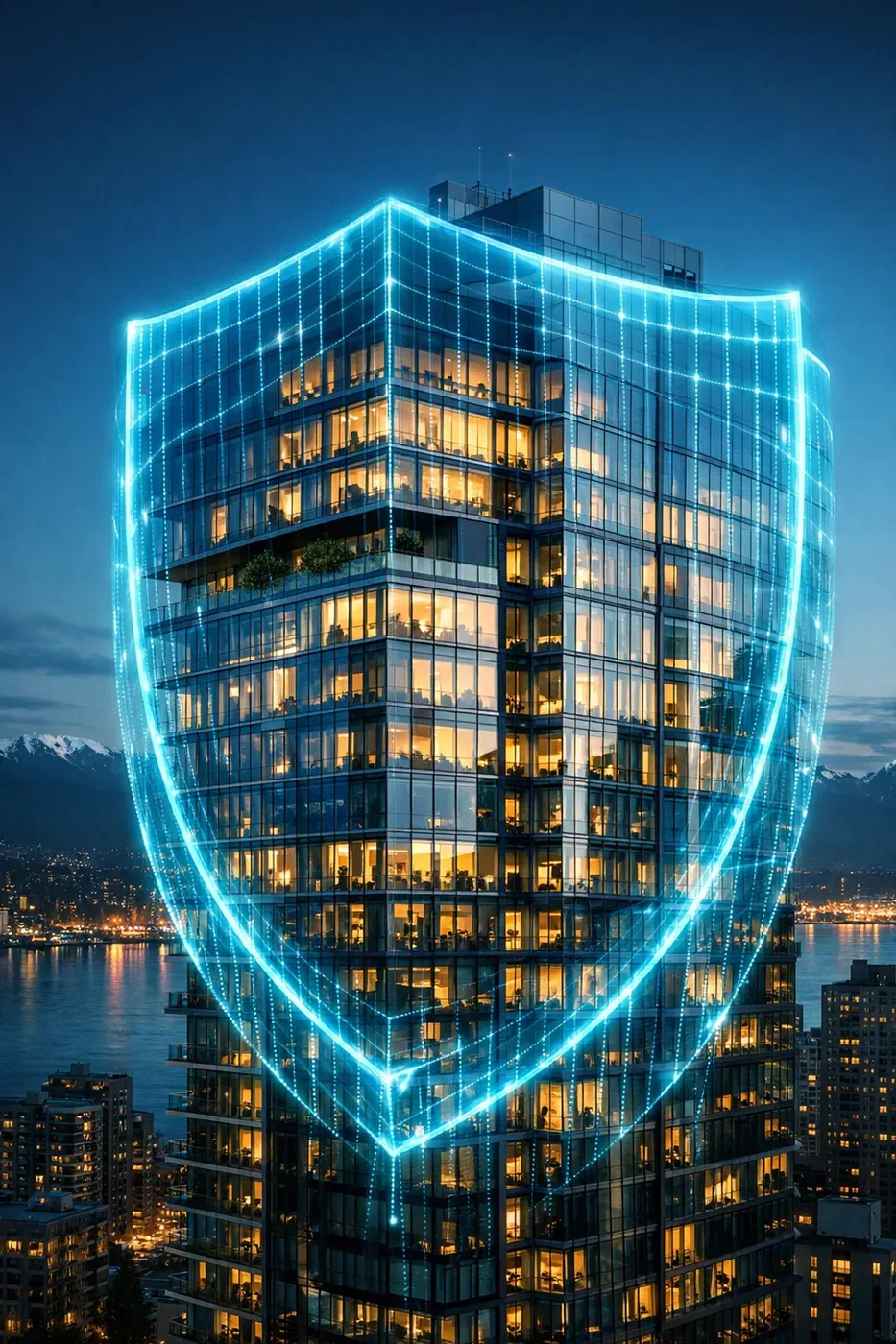 Vancouver high-rise protected by a digital shield representing Nowa 4S water leak detection technology.