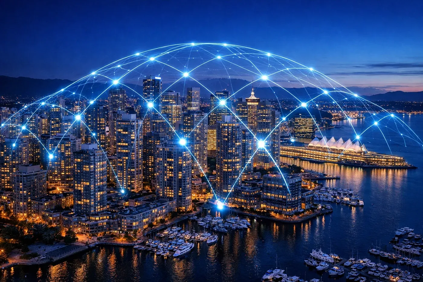 Vancouver skyline at night with a digital grid representing proactive water damage protection for strata buildings.