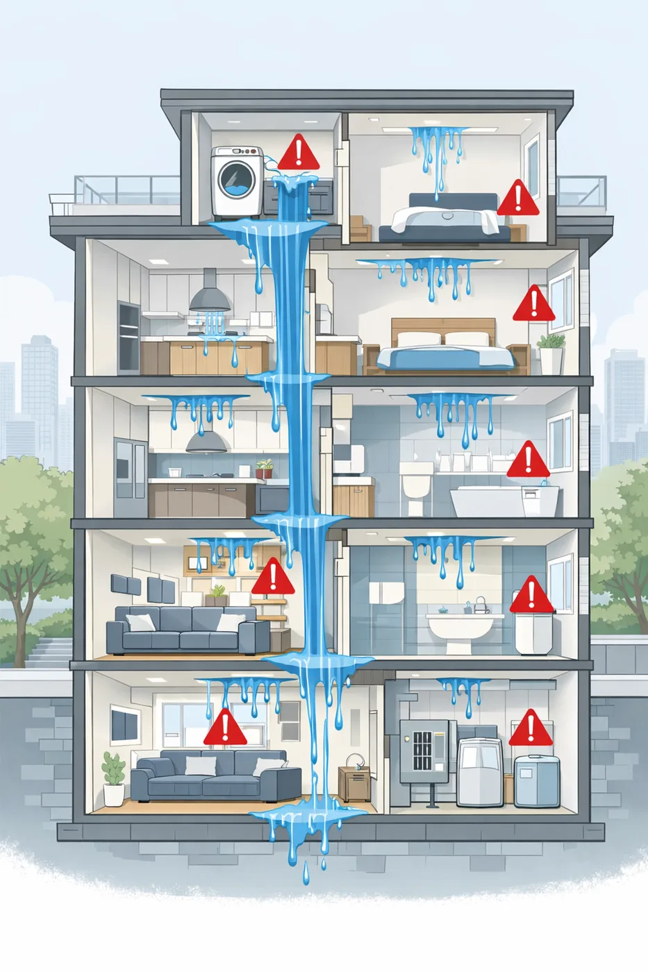 Condo building cross-section showing water leak damage cascading through multiple apartment units