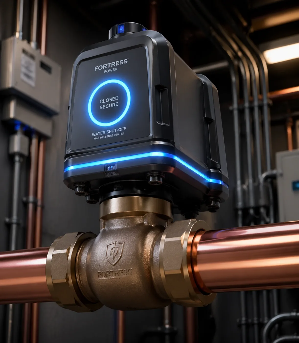 Industrial automatic water shut-off valve on a plumbing line to stop building leaks and prevent water damage.