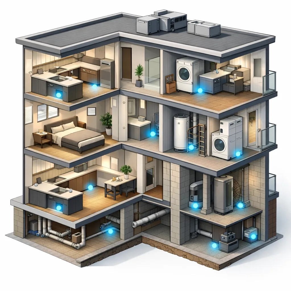 Apartment building cross-section showing strategic water leak sensor placement locations