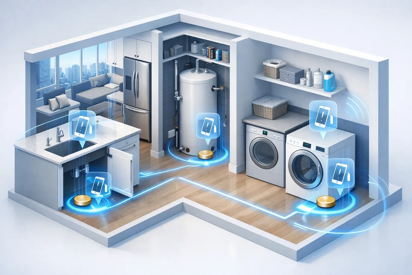 Smart water leak detection sensors in Vancouver condo with automatic phone alerts