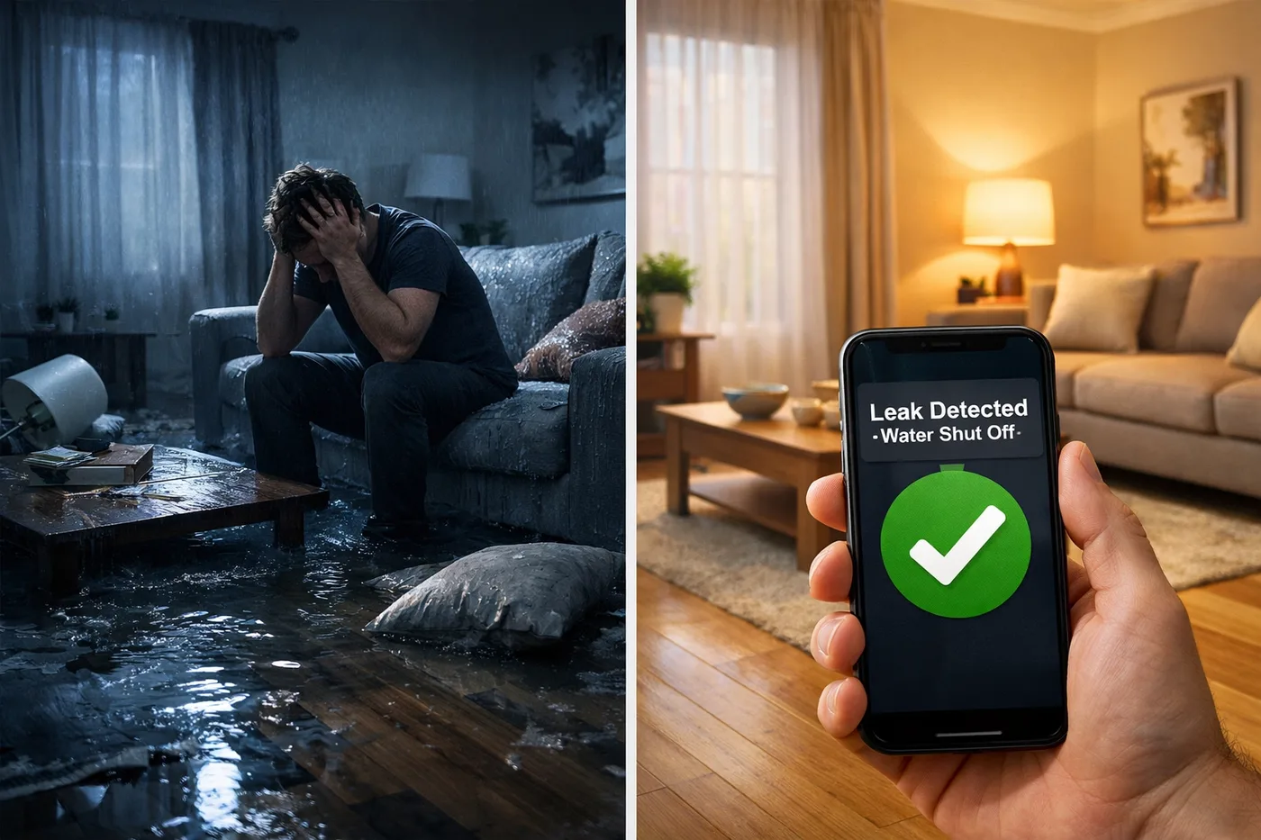 Before and after comparison showing water damage prevention with automatic leak detection system