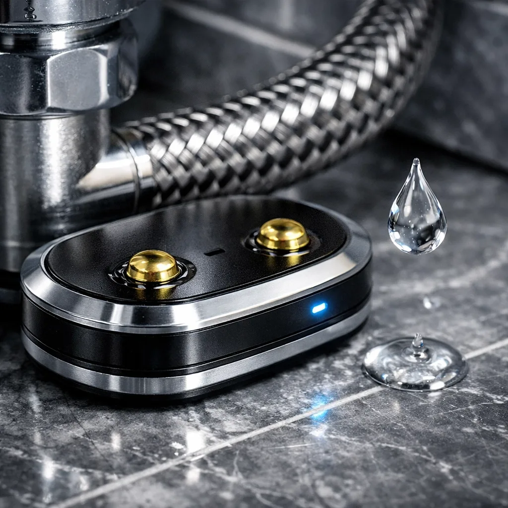 Gold-plated water leak sensor installed behind a bathroom toilet for reliable condo leak detection.