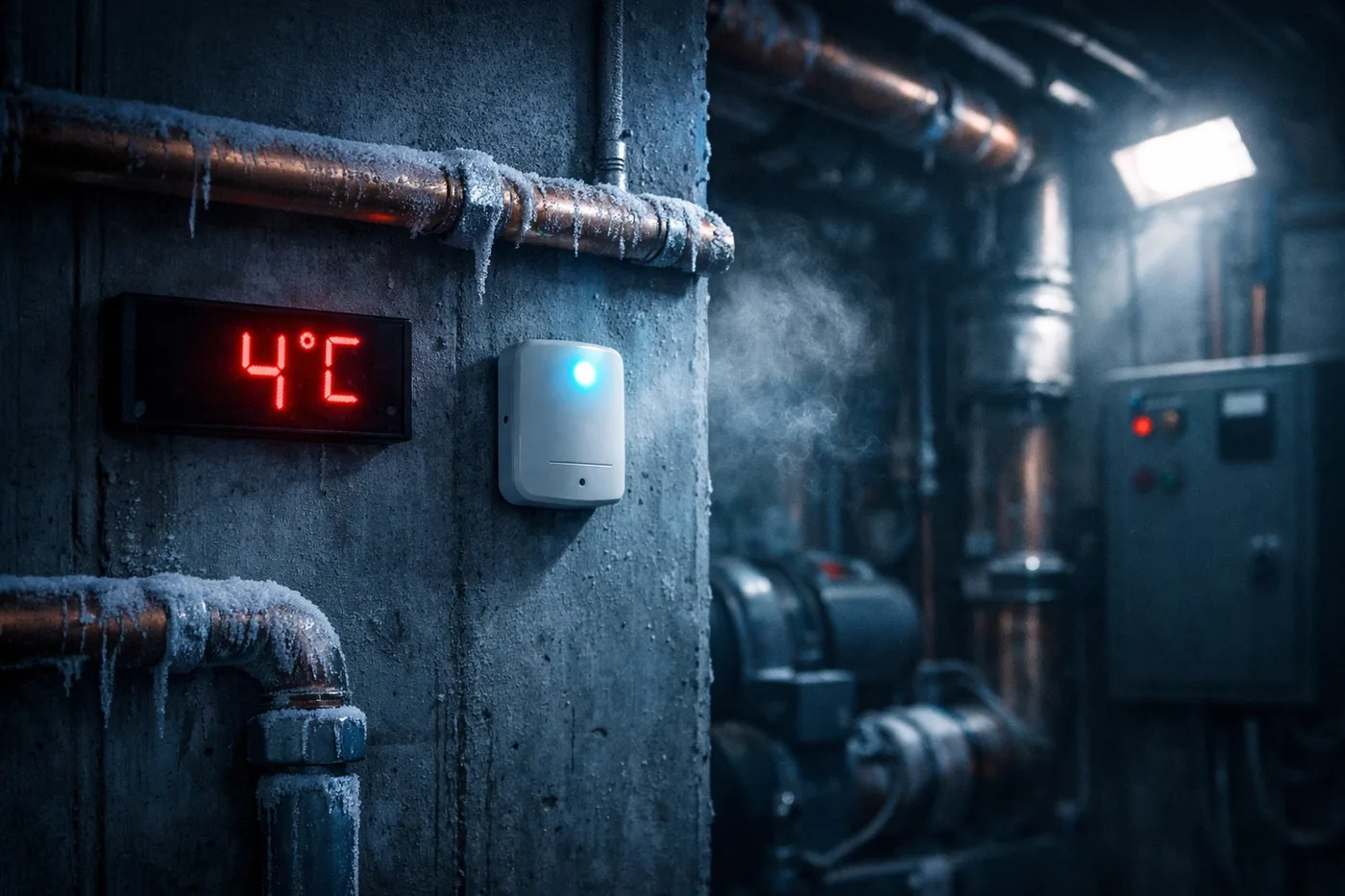 Freeze alert sensor monitoring pipe temperature at 4°C in condo mechanical room preventing burst pipes