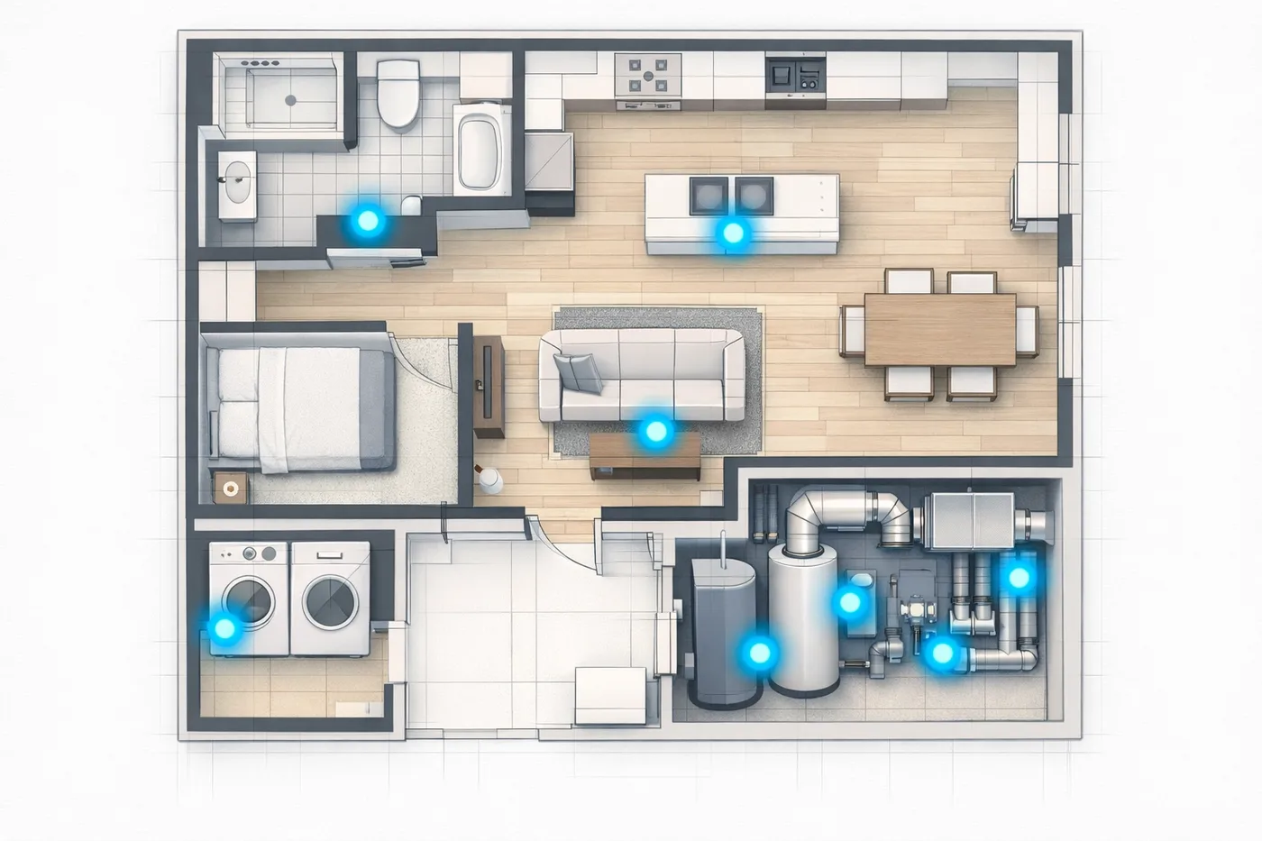 Floor plan showing strategic water leak sensor placement in kitchen, bathroom, and mechanical rooms