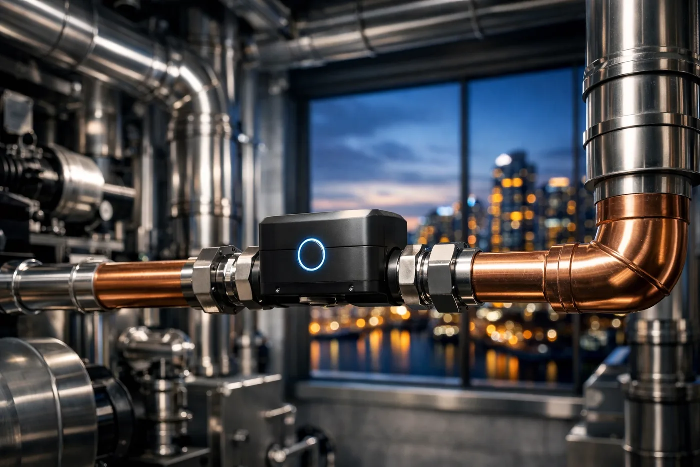Smart water shut-off valve in a Vancouver high-rise mechanical room for proactive building asset protection.