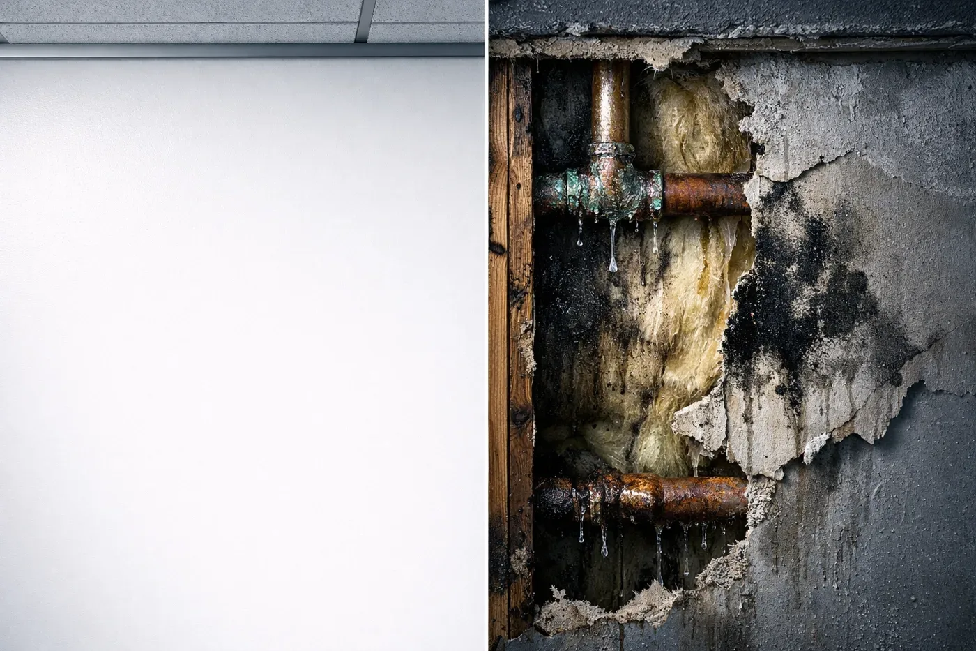 Hidden water damage behind commercial building walls showing mold and pipe corrosion