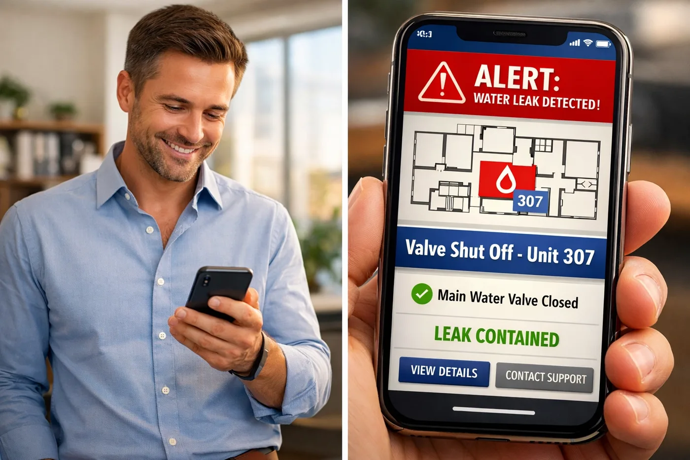 Property manager receiving water leak alert on smartphone via remote monitoring system