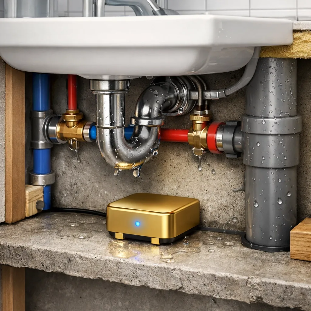 Gold-plated water leak sensor installed under sink detecting moisture in condo bathroom