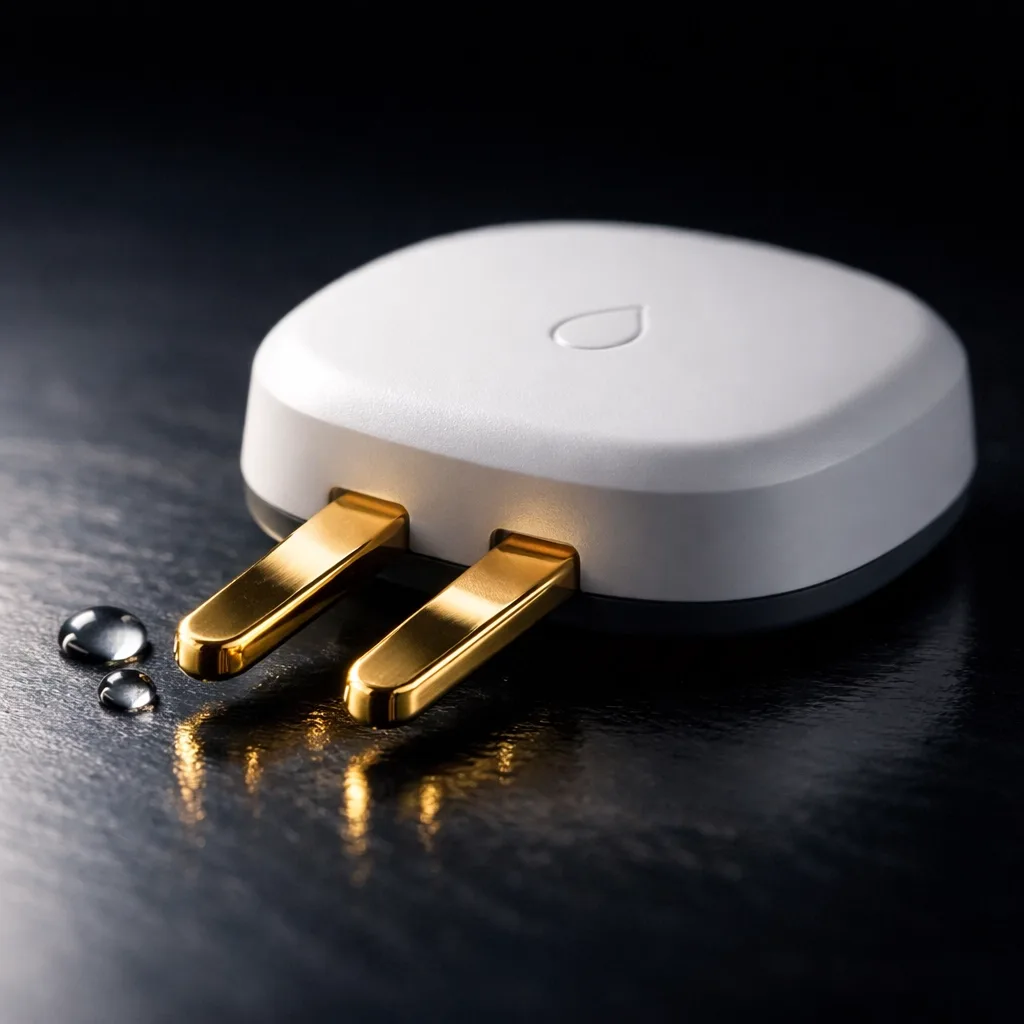 Water leak sensor with gold-plated probes detecting water droplets in apartment