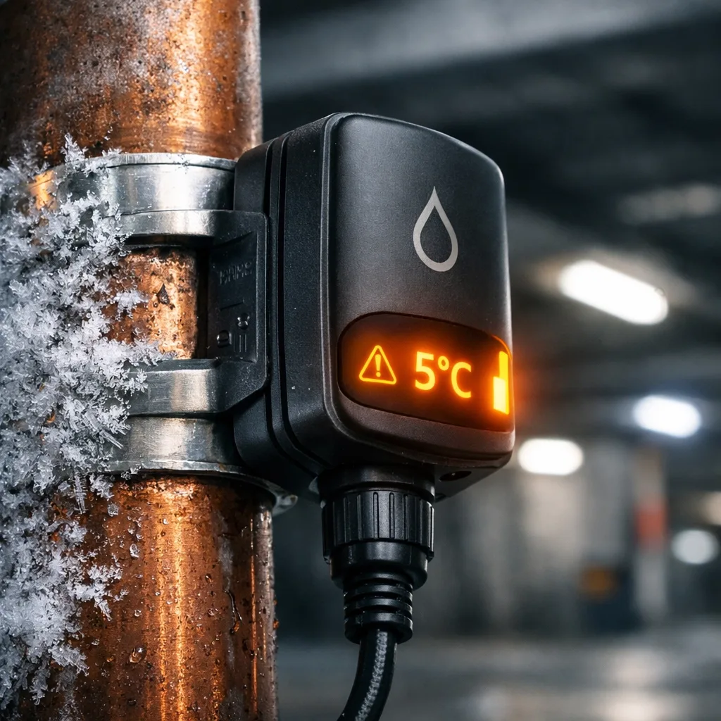 Industrial freeze alert sensor on a copper pipe to prevent water damage and frozen pipe bursts.