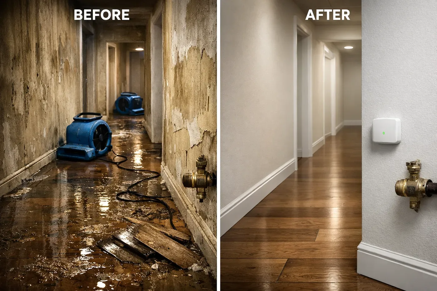 Water damage prevention comparison showing flooded hallway versus dry space protected by leak sensor