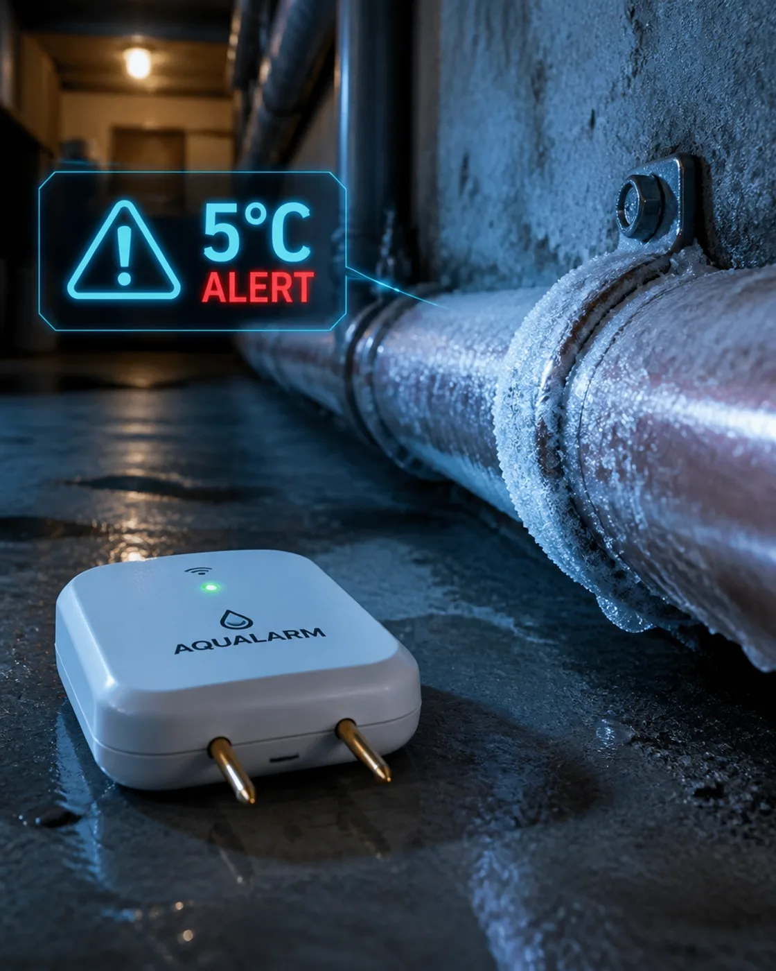A freeze alert sensor highlighting the 5°C warning threshold to prevent burst pipes.