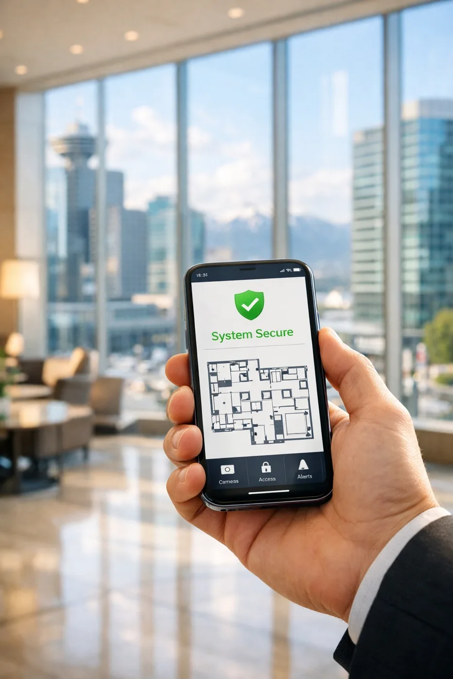Property manager using the Nowa smartphone app for remote building monitoring and water leak prevention.