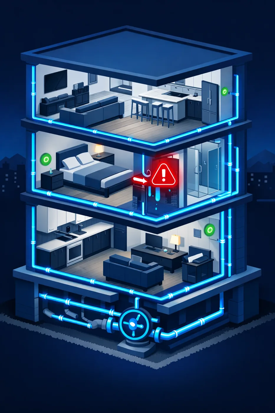 Vancouver condo building cutaway showing integrated leak detection system across multiple floors