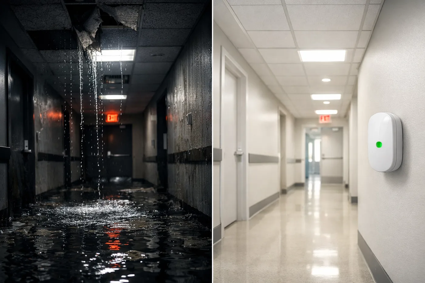Commercial building hallway before and after installing water leak detection system showing flood prevention