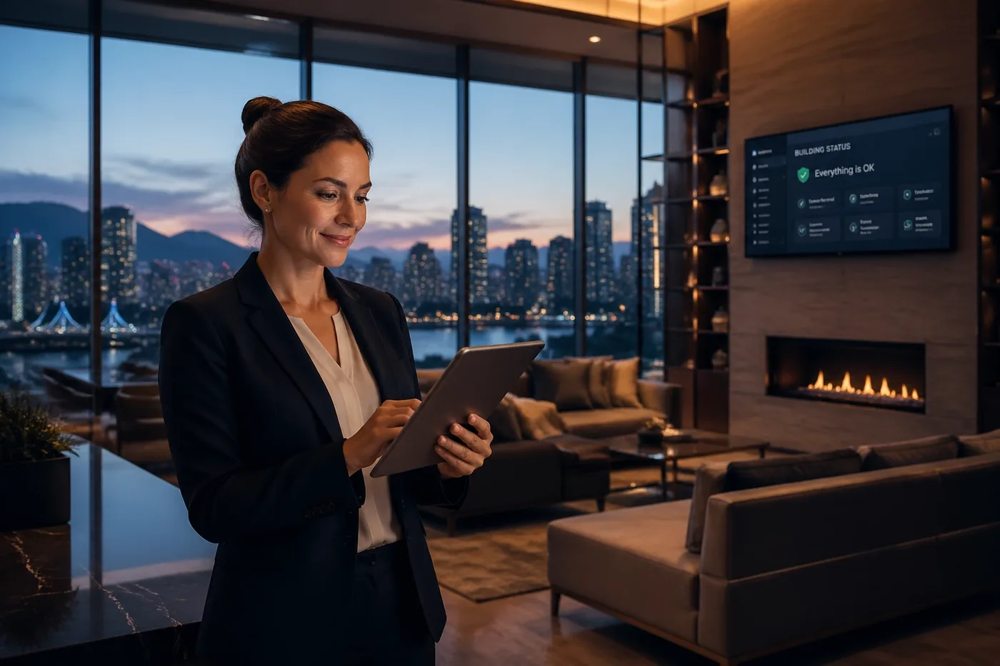 Vancouver property manager monitoring real-time building water protection on a tablet.