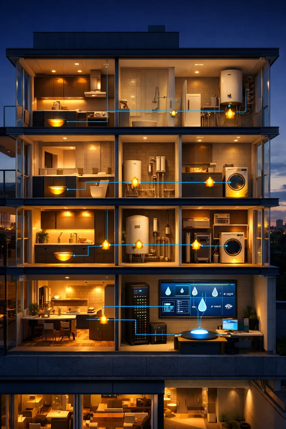Multi-floor apartment building with water leak sensors monitoring throughout all units