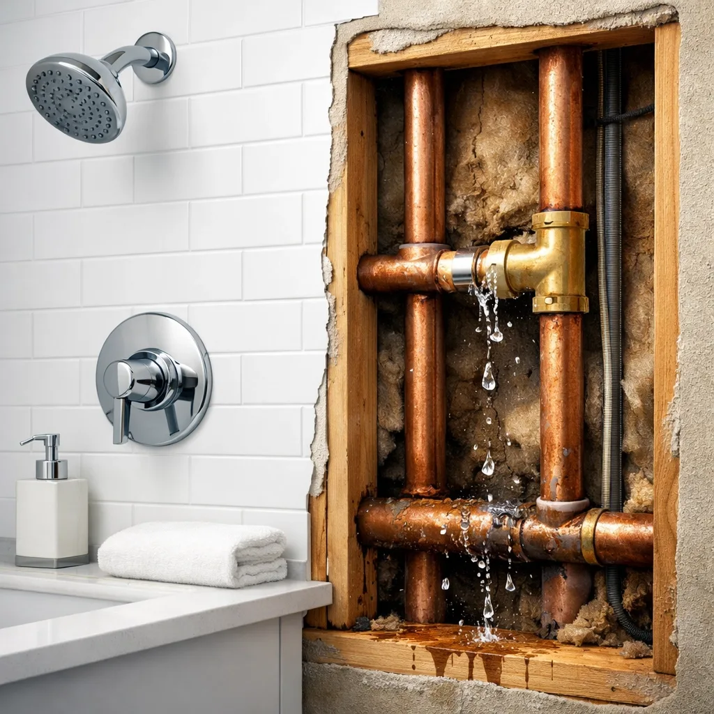 Hidden water leak inside wall behind pipes showing need for condo leak detection