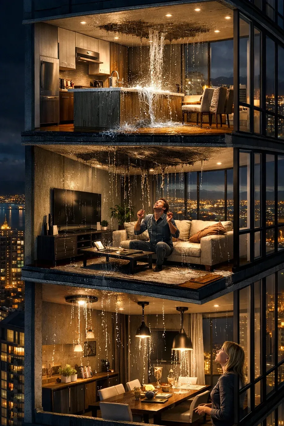 Water leak in a high-rise condo dripping through ceilings into multiple apartment units below.