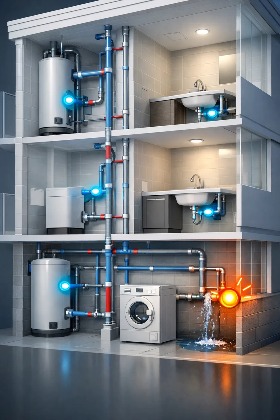 High-rise building water leak detection system showing sensor placement at multiple floors and pipe locations