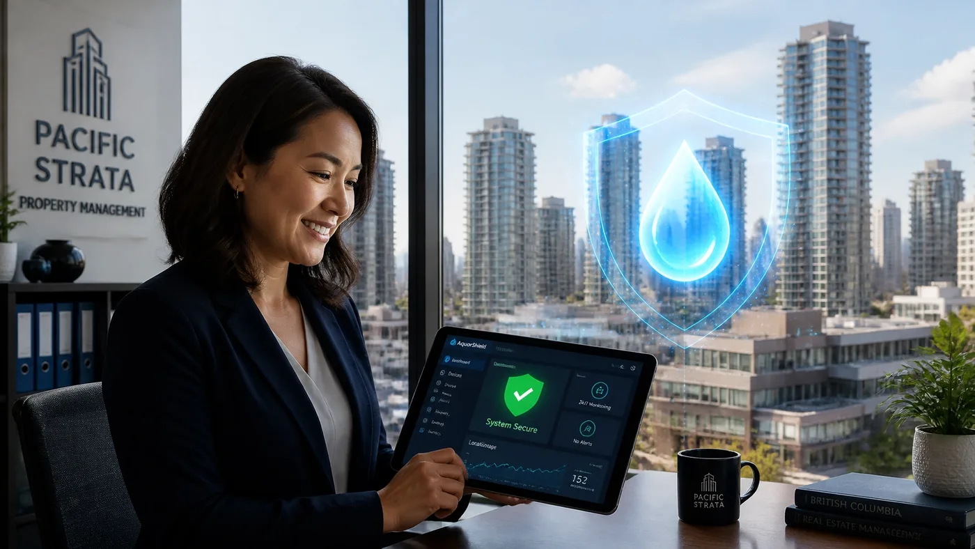 Property manager in a Burnaby office monitoring building safety through a digital dashboard.