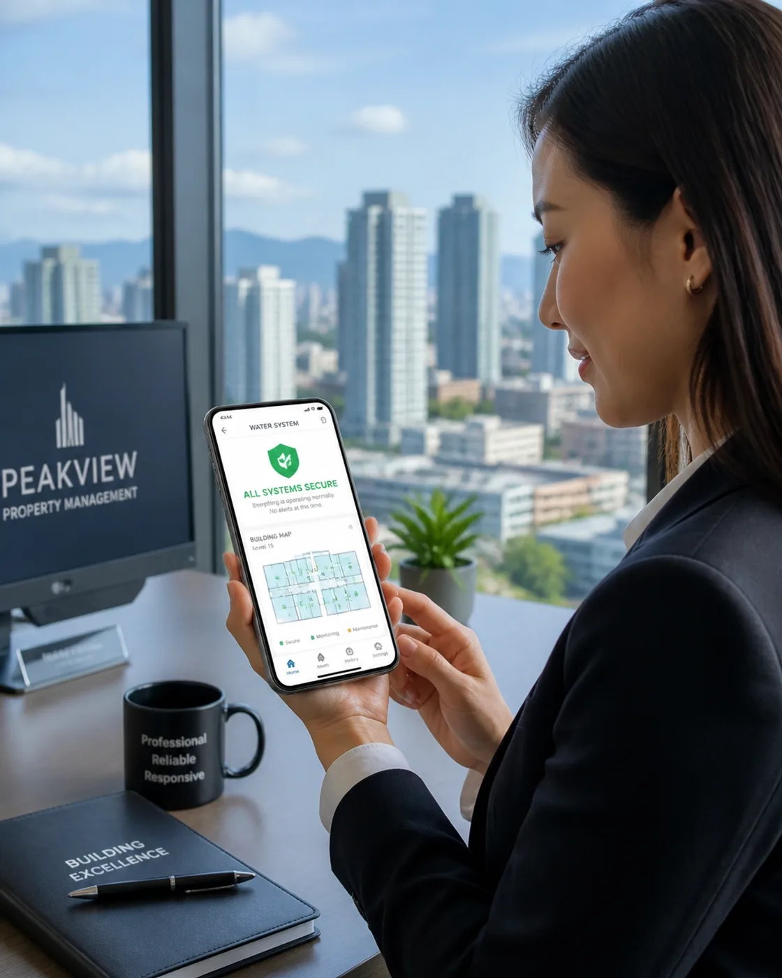 Property manager using a smartphone app to monitor building water safety