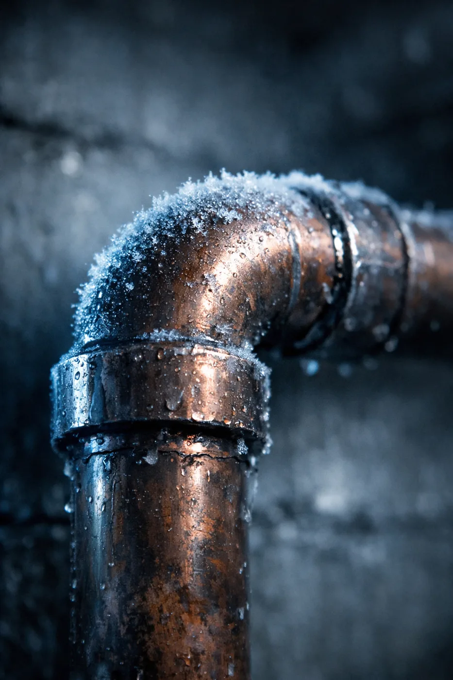 Frost forming on a copper pipe in a Vancouver parkade, monitored by a freeze alert sensor.
