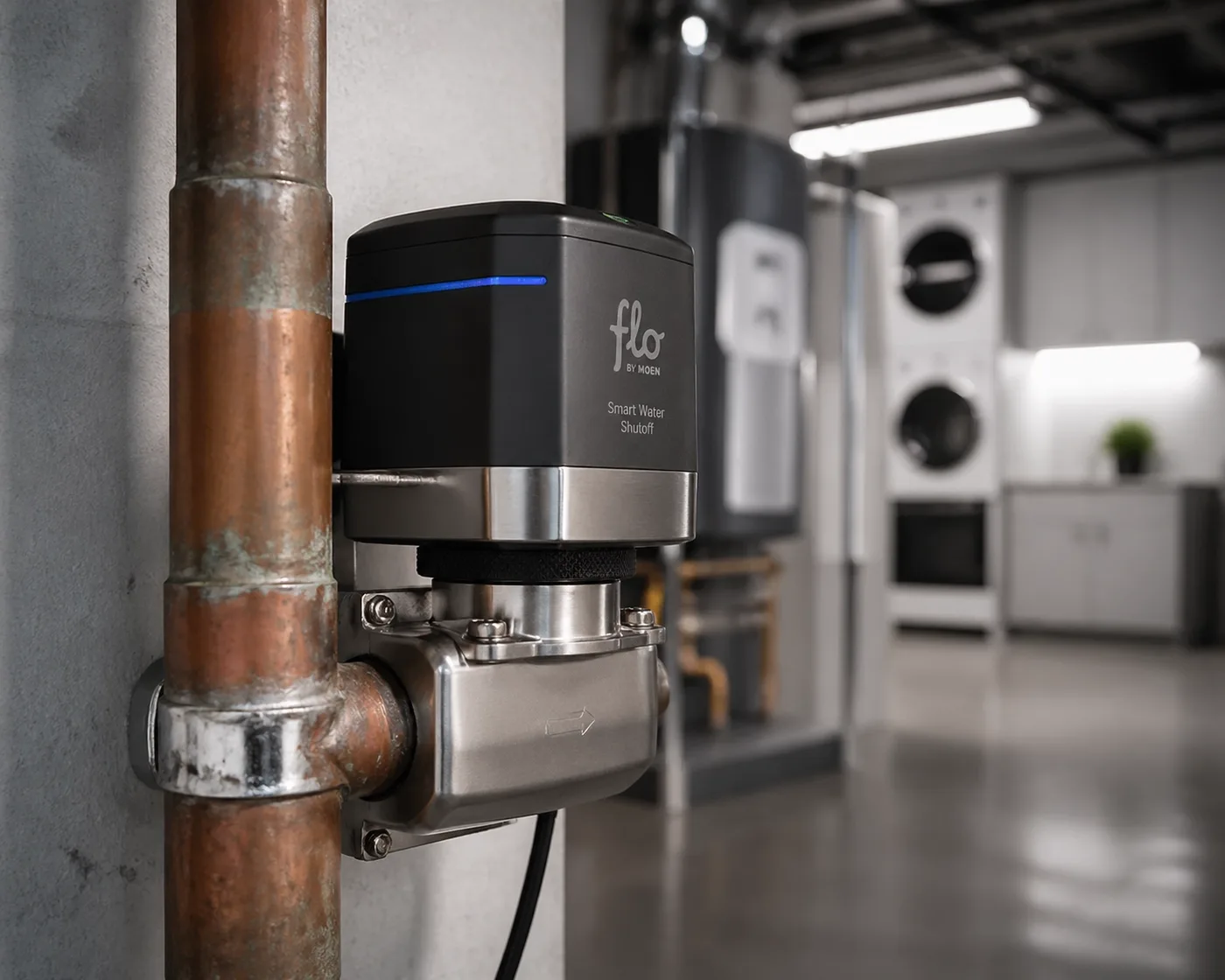 Automatic water shut-off valve retrofit on aging condo pipes for leak protection.