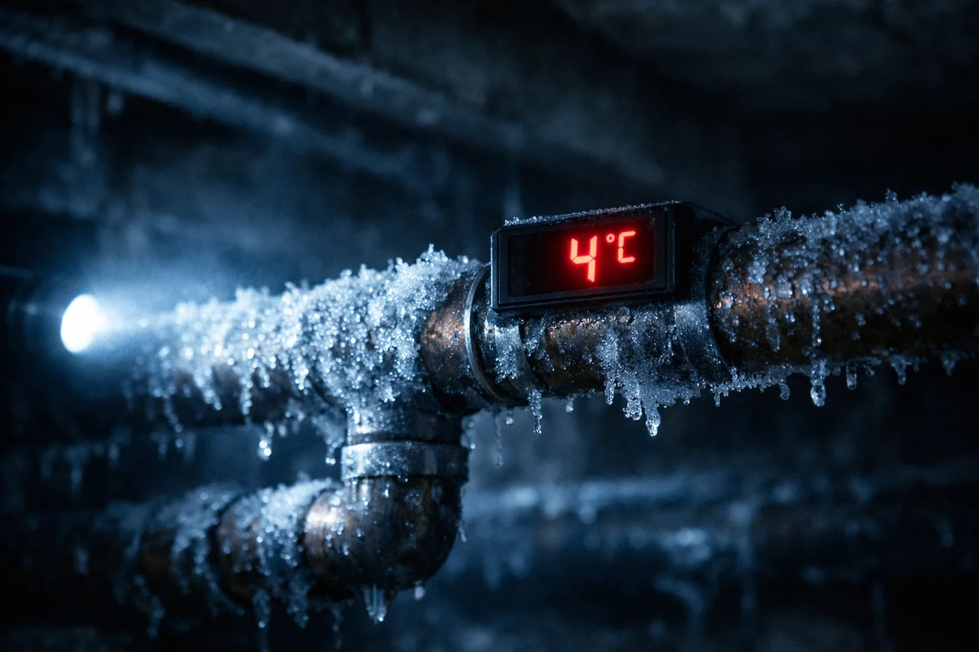 Frozen pipe with freeze alert sensor displaying 4°C temperature warning in crawl space