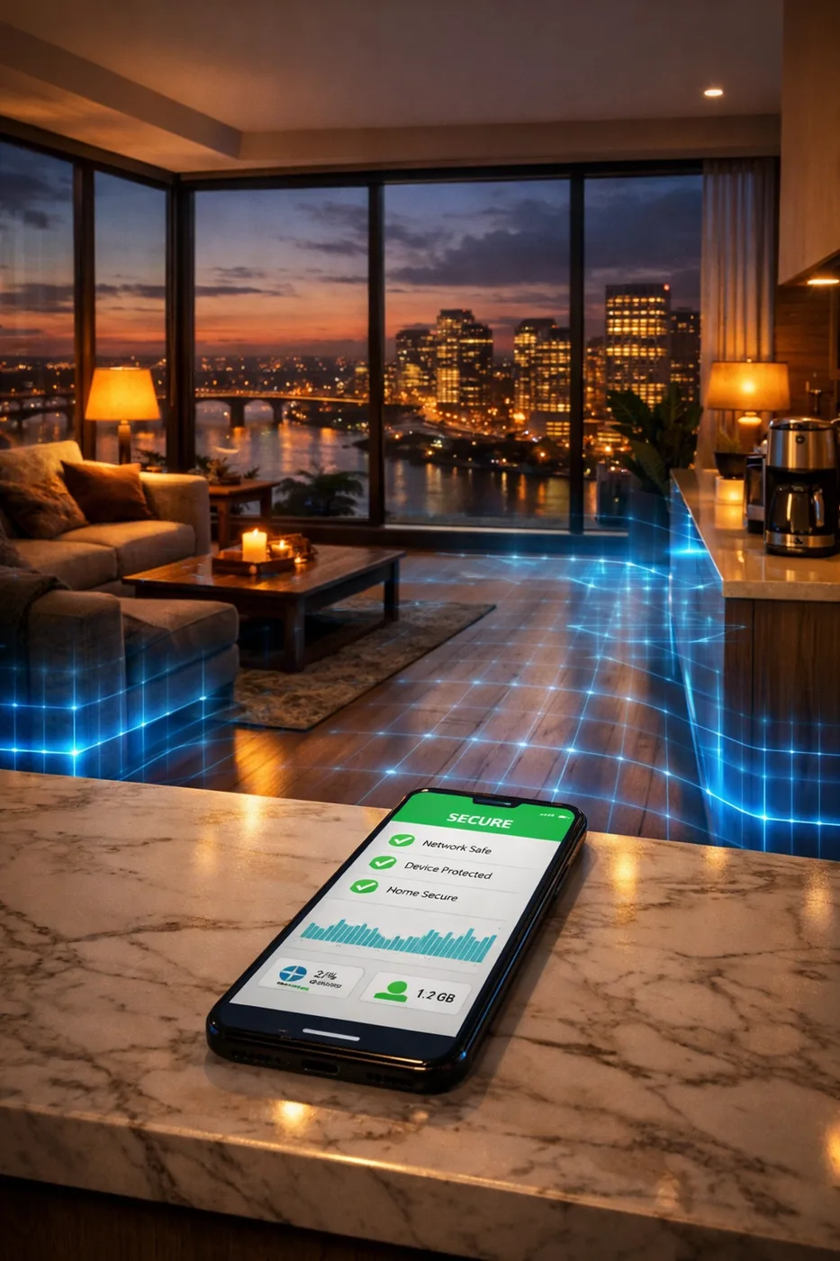 Secure condo with remote monitoring app and digital protection shield for effective water leak detection.