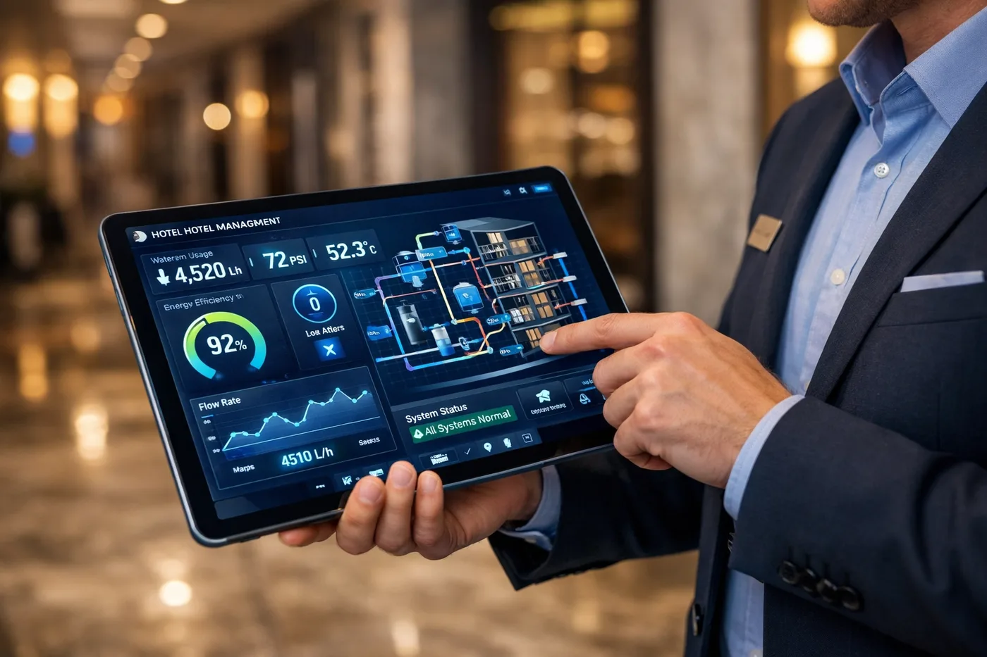 Vancouver hotel facilities manager using a digital dashboard for real-time IoT water management and leak prevention.