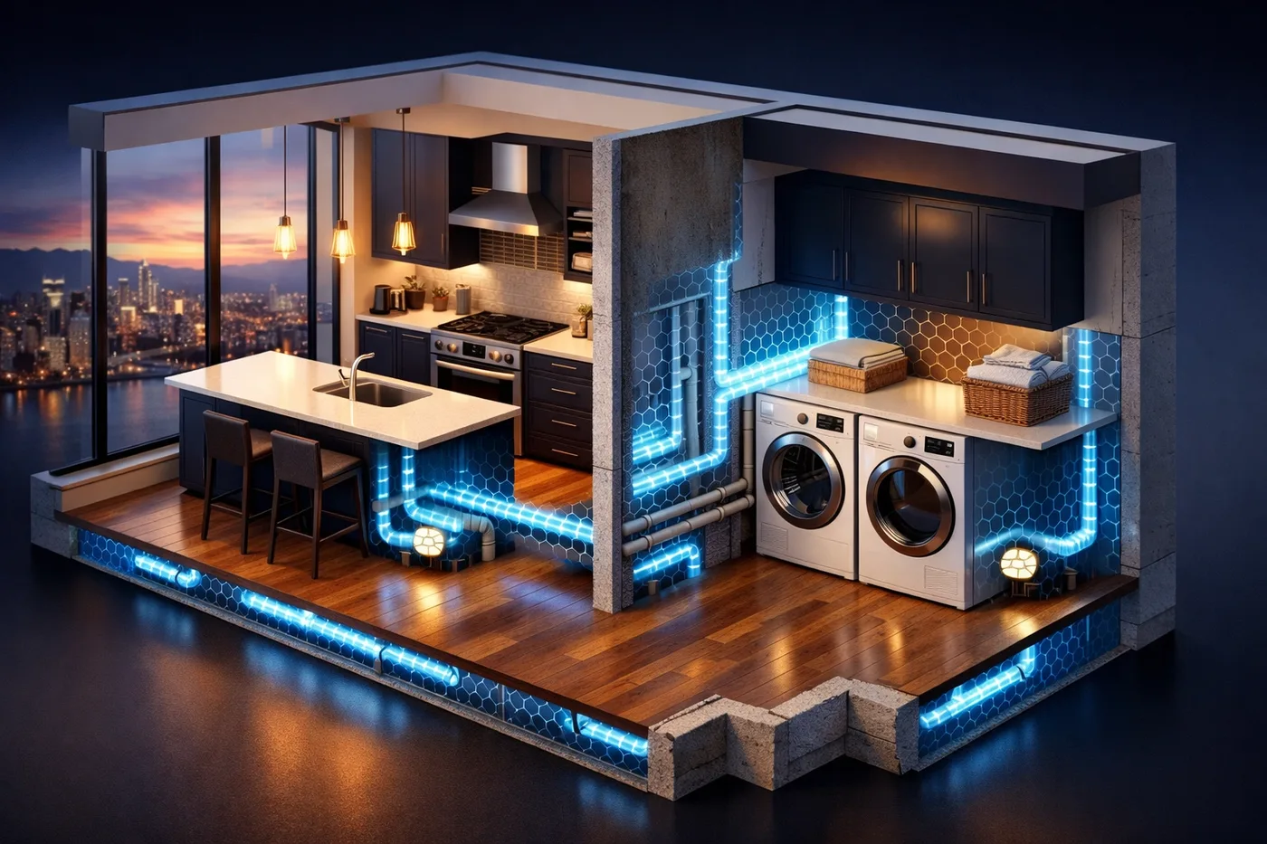 Condo water leak detection system with smart sensors protecting a modern apartment from plumbing leaks.