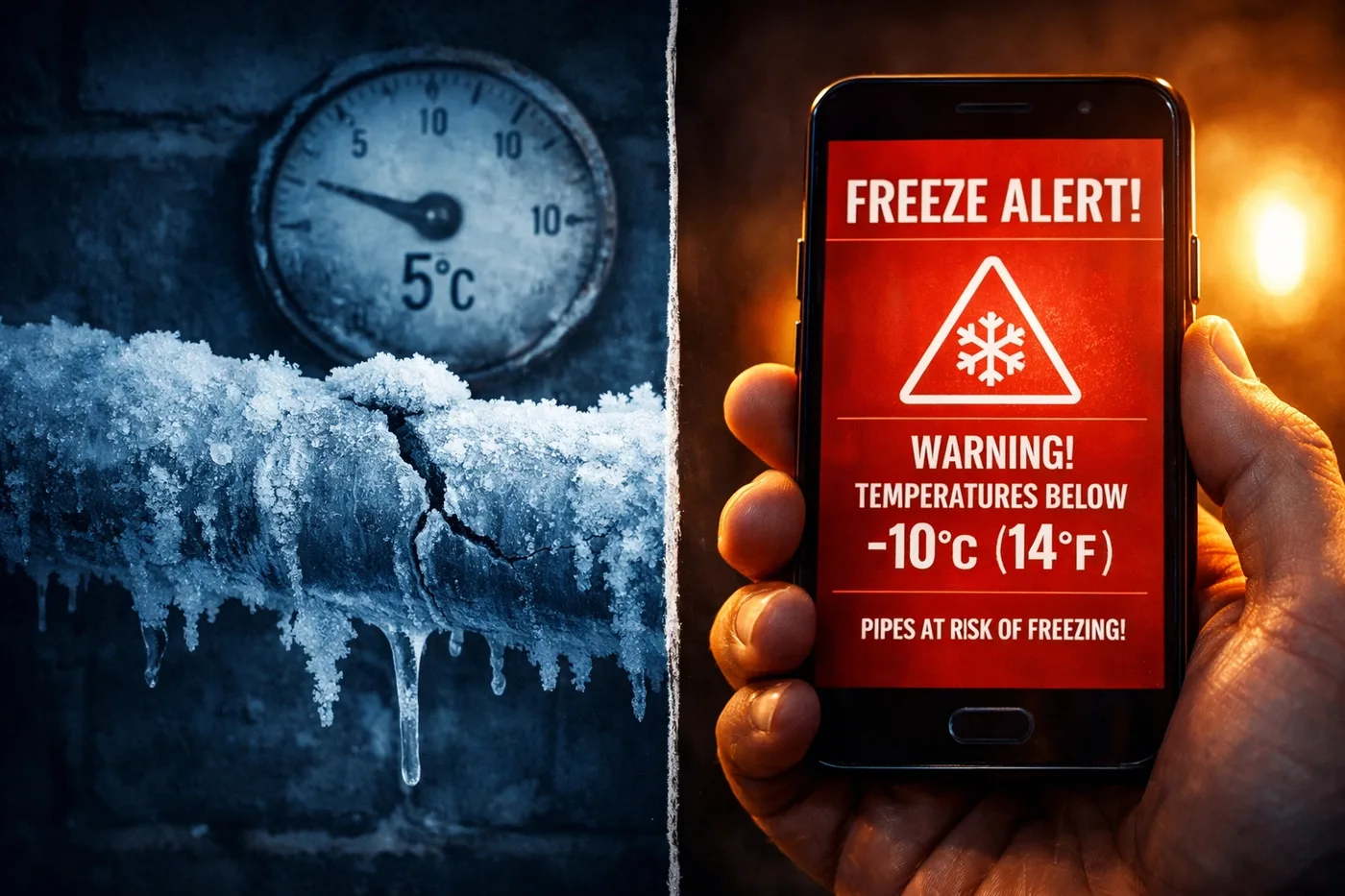 Frozen pipe with ice damage next to smartphone displaying 5°C freeze alert notification