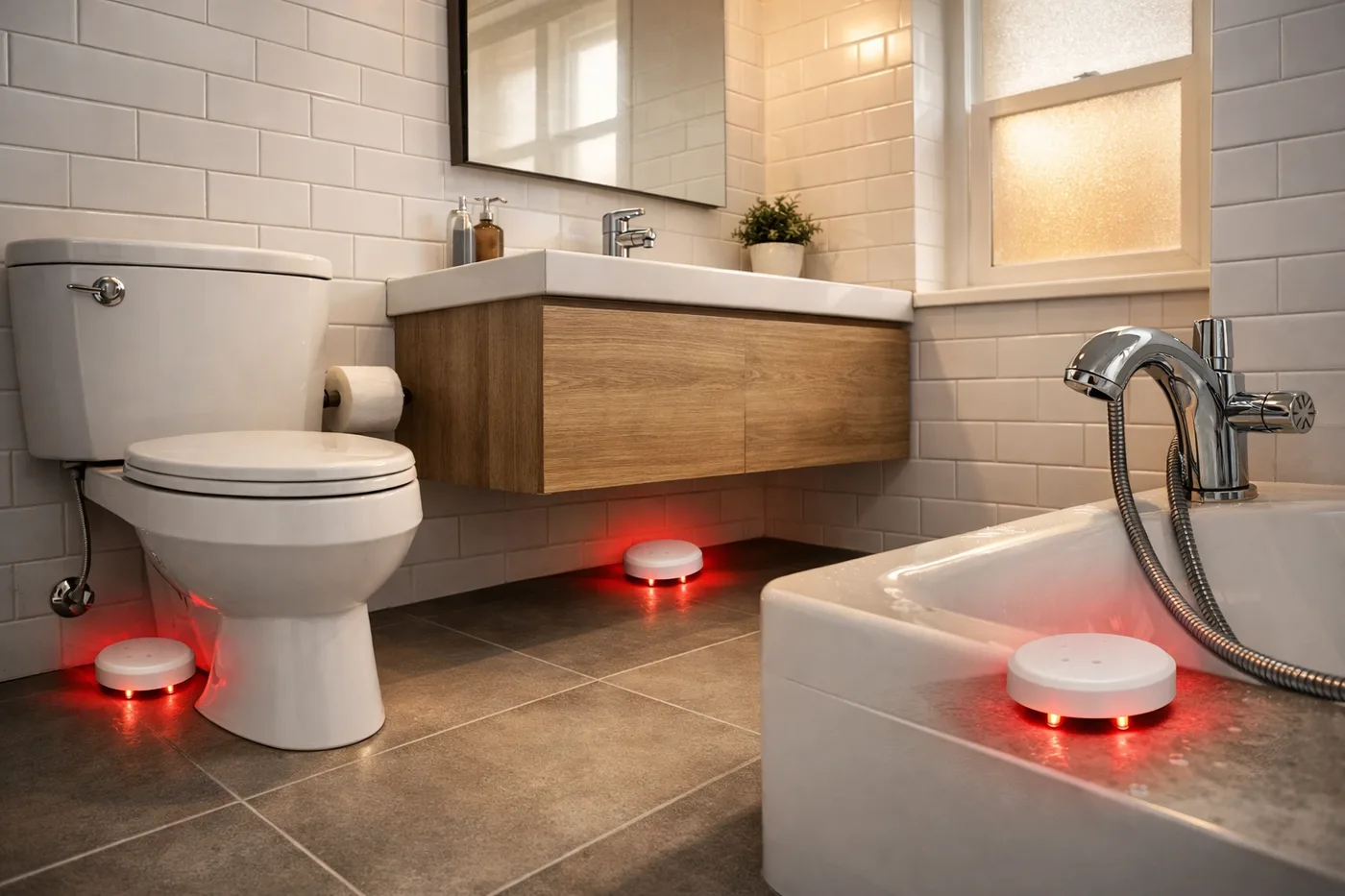 Water leak sensors properly placed in apartment bathroom behind toilet, under sink, and near tub
