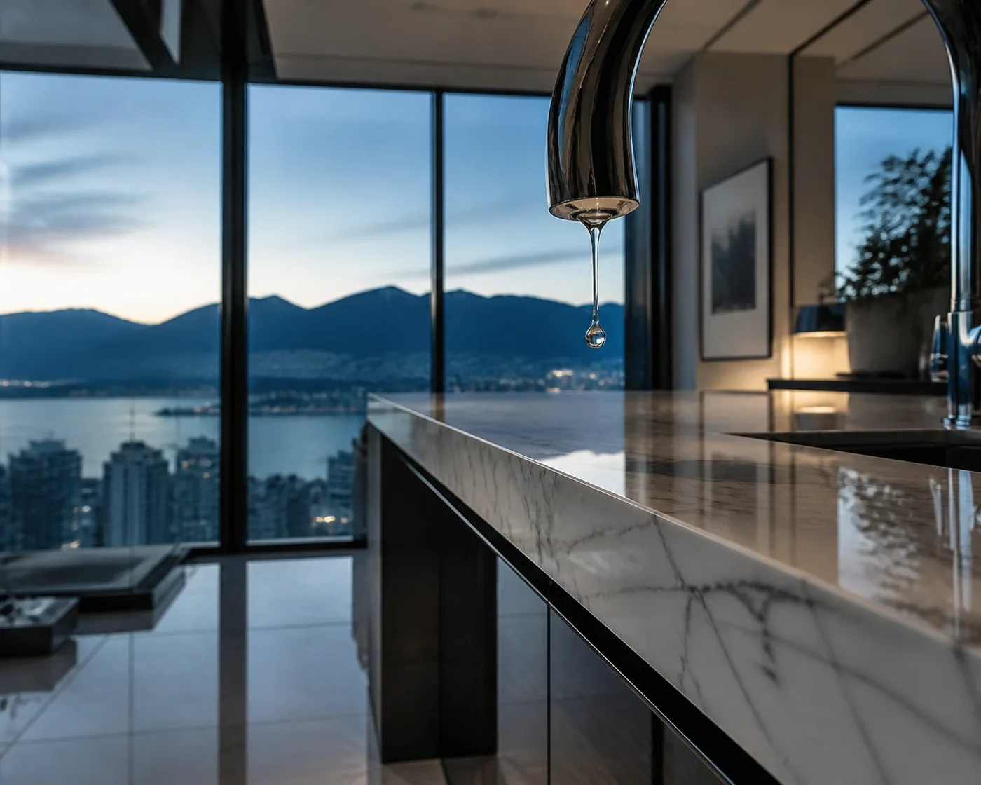 Water leak risk in a luxury Vancouver condo kitchen, representing high-stakes asset protection for B.C. property managers.