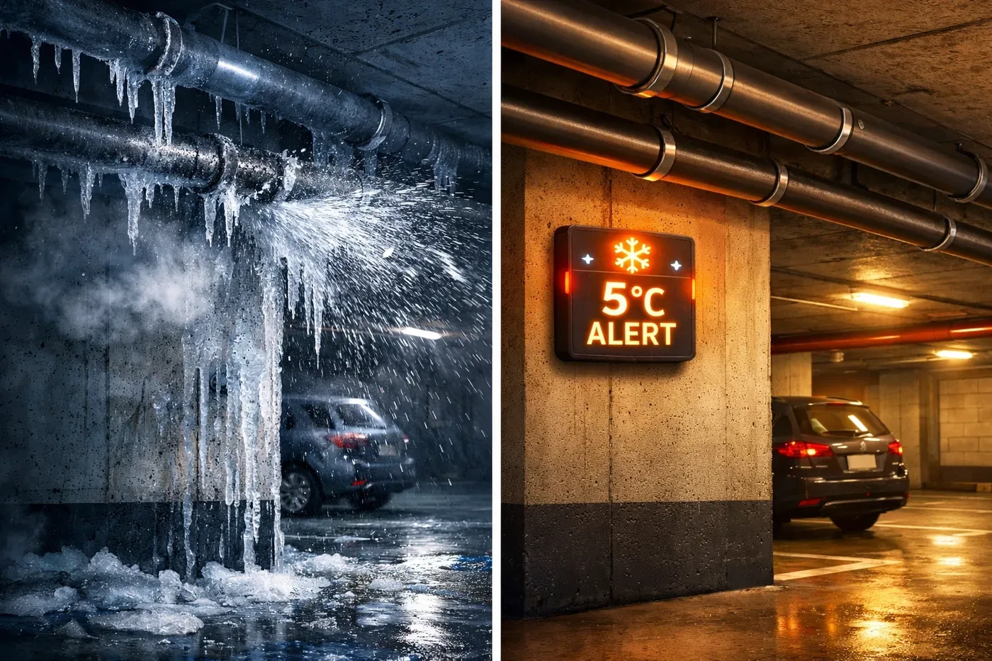 Freeze alert sensor preventing pipe burst in Vancouver condo parkade at 5°C
