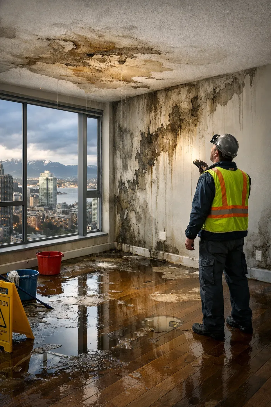Water damage in Vancouver high-rise apartment with maintenance worker inspecting ceiling leaks