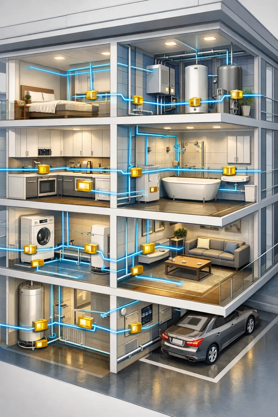 Multi-floor condo building showing networked water leak detection sensors