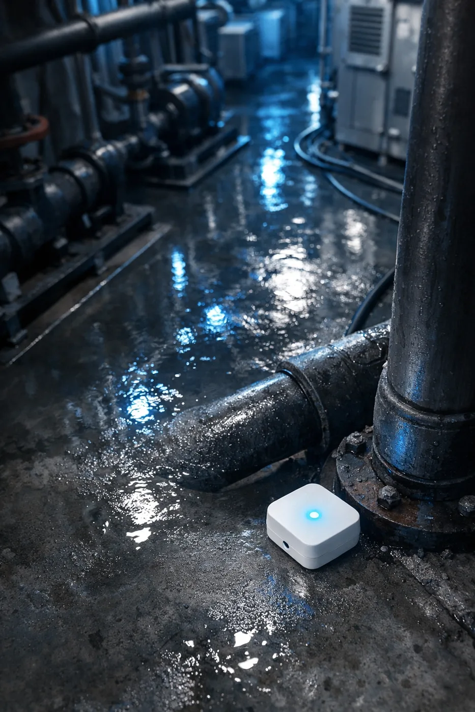 Smart water leak sensor monitoring mechanical room with visible water pooling on floor